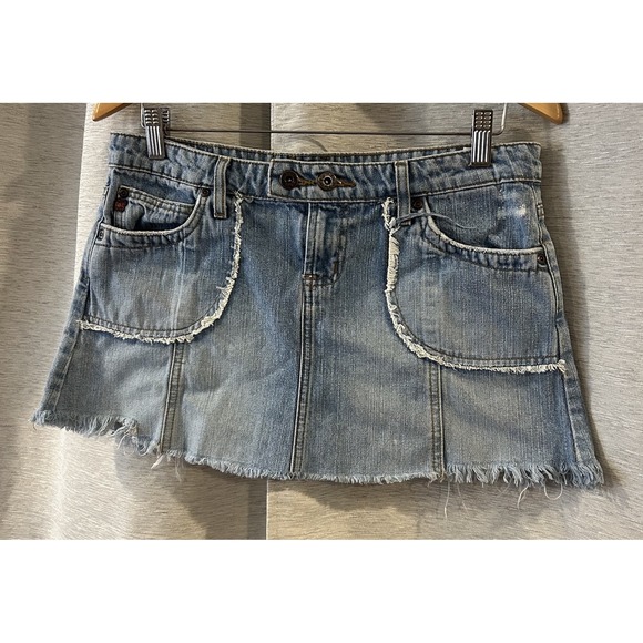 LEI Denim Micro Mini Skirt Women 9 Blue Vintage Raw Hem Embroidered‎ Pocket Y2K - Picture 2 of 6